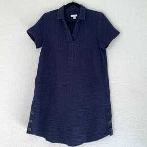J Jill Shirt Dress Women S Petite Navy‎ Blue Gauze 100% Cotton Pockets Coastal